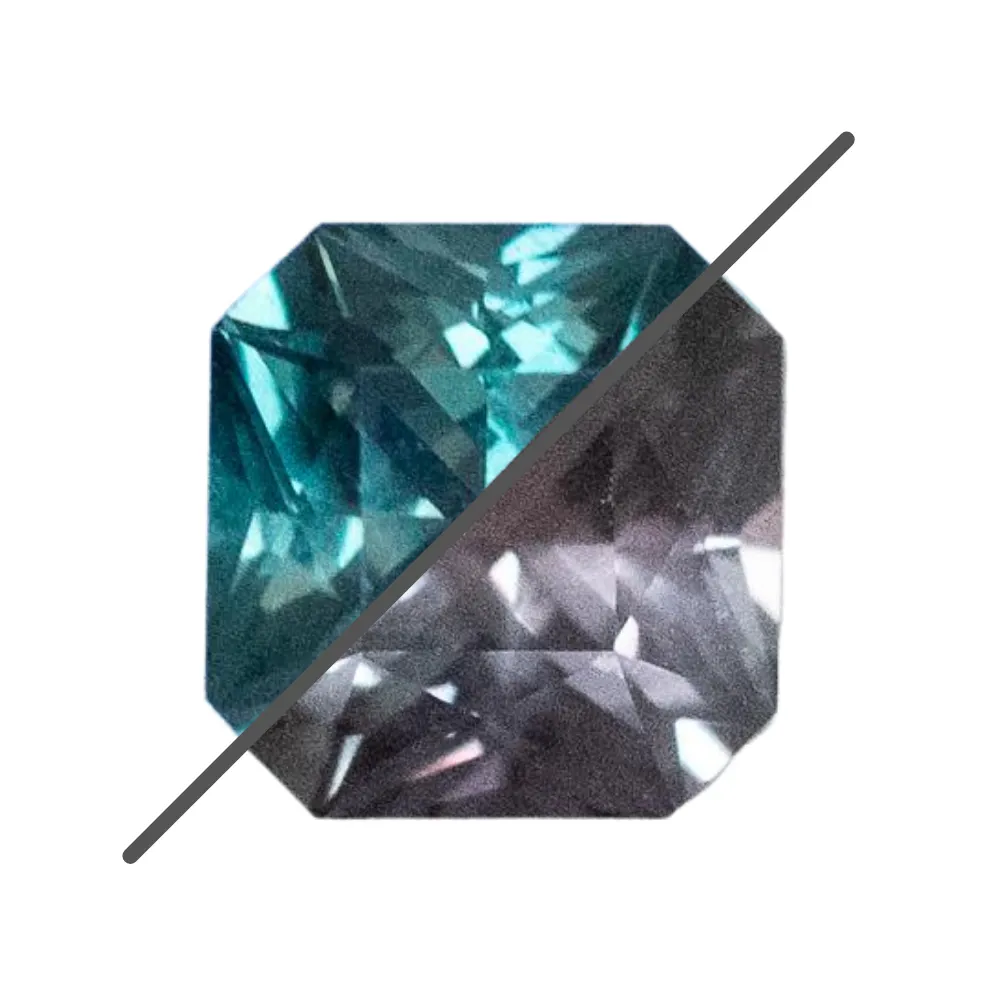 1.60CT COLOR CHANGE SQUARE RADIANT TANZANIAN SAPPHIRE, TEAL TO PURPLE GREY,  6.39X6.21MM, UNTREATED