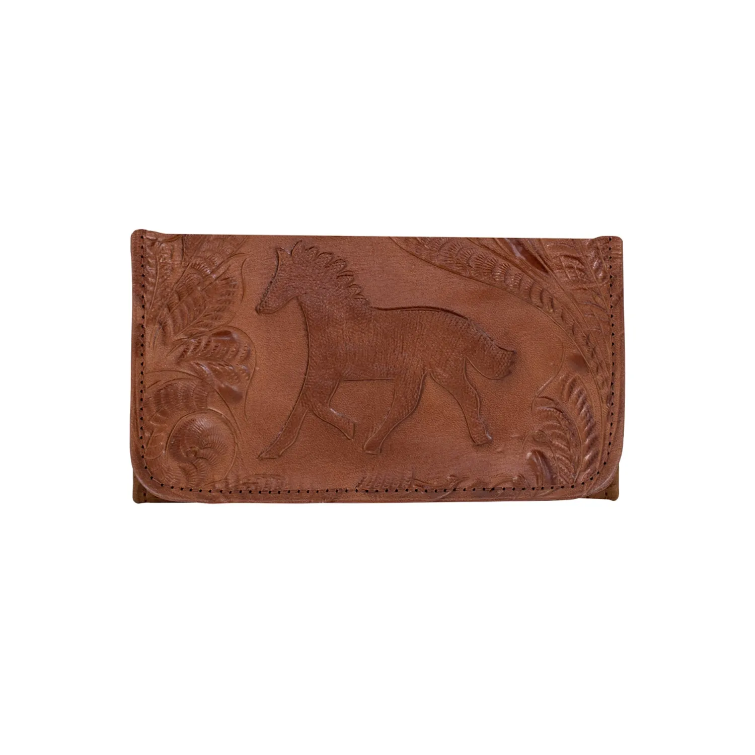 American West Hitchin Post Antique Brown Leather Tooled Trifold Wallet