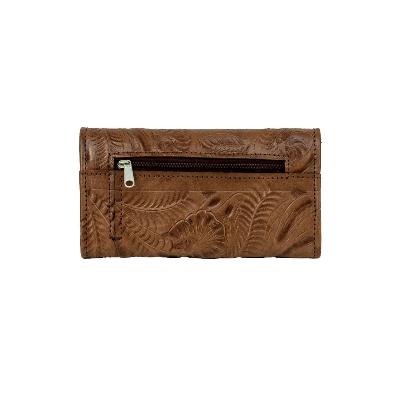 American West Hitchin Post Antique Brown Leather Tooled Trifold Wallet