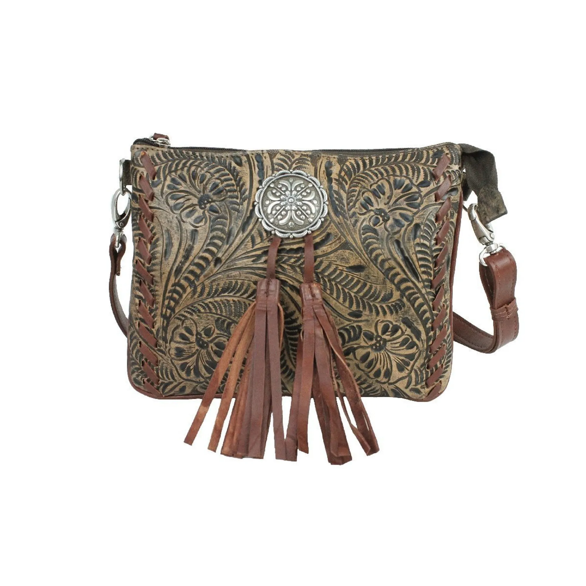 American West Lariats & Lace Distressed Charcoal Leather Crossbody Bag