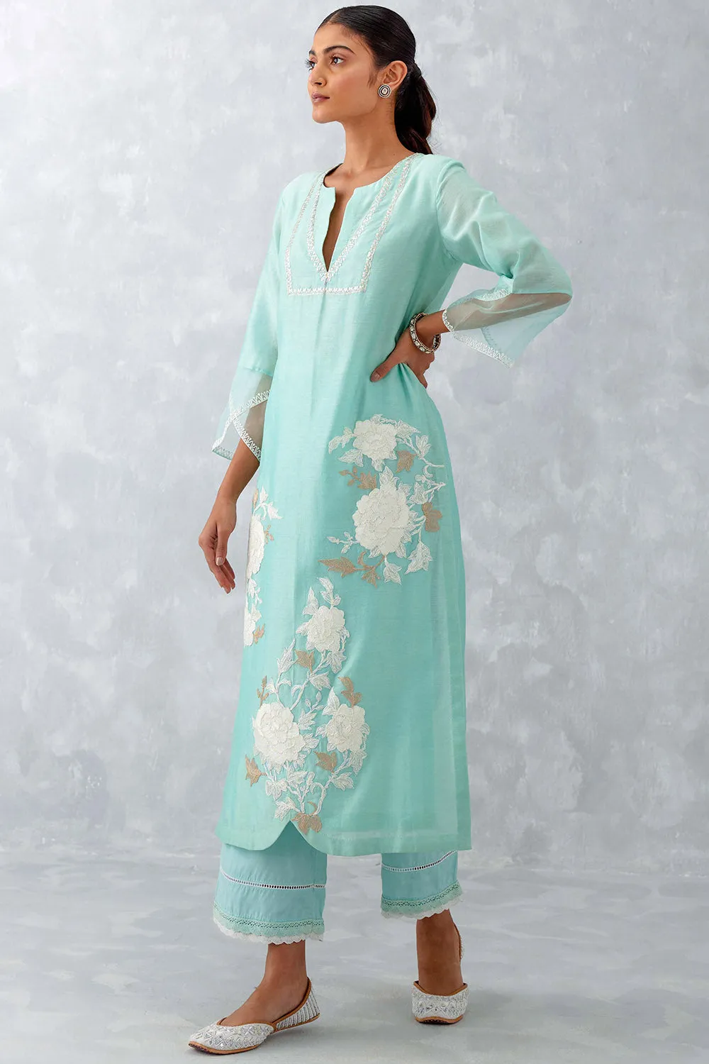 Aqua Blue Embroidered Chanderi Kurta Set