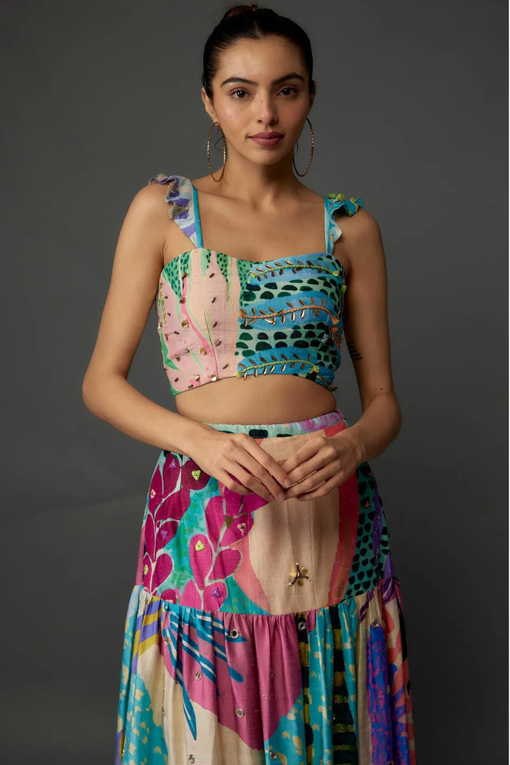 Aqua Tropical Print Silk Bustier & Layered Skirt