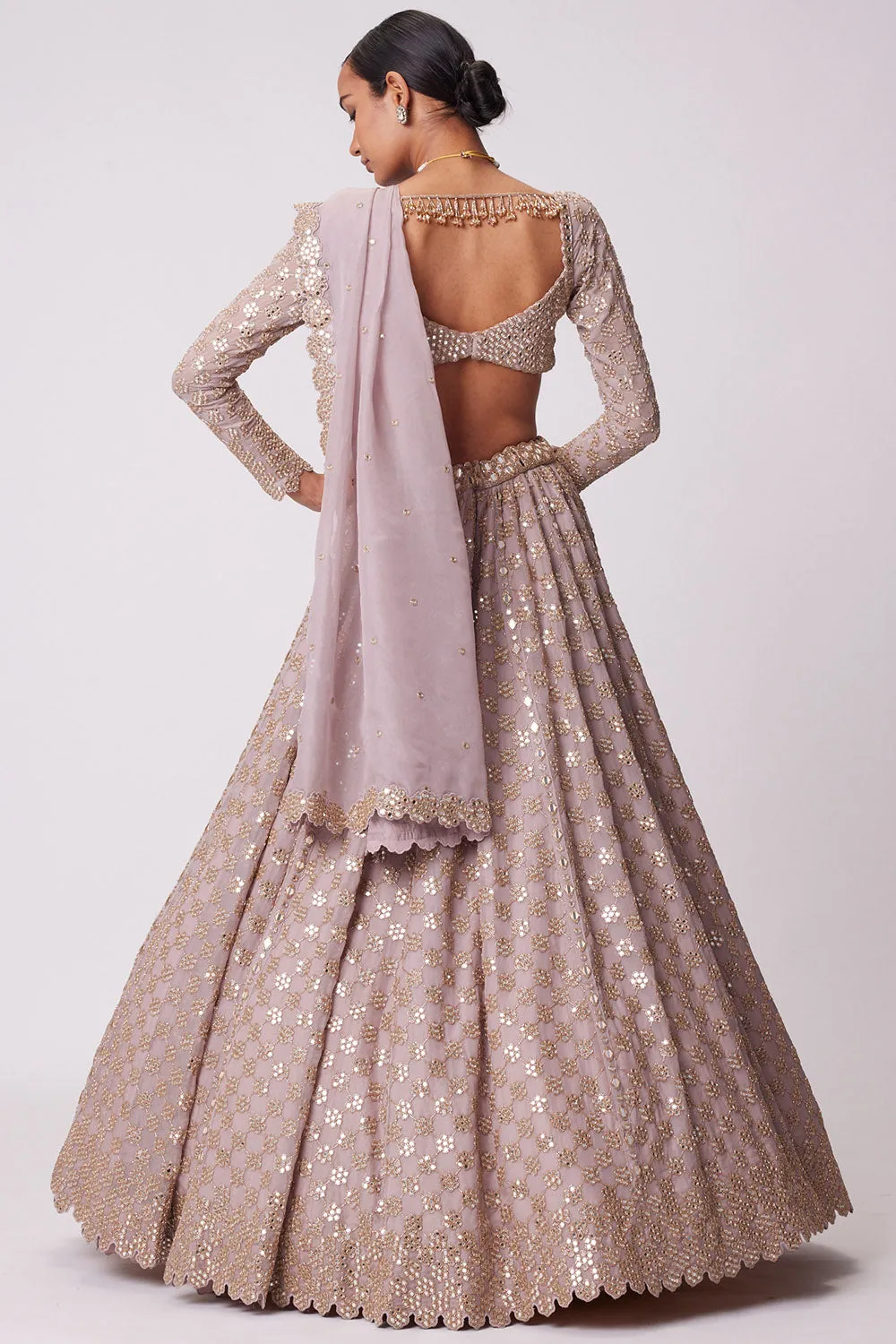 Ash Pink Flower Embroidered Lehenga Set