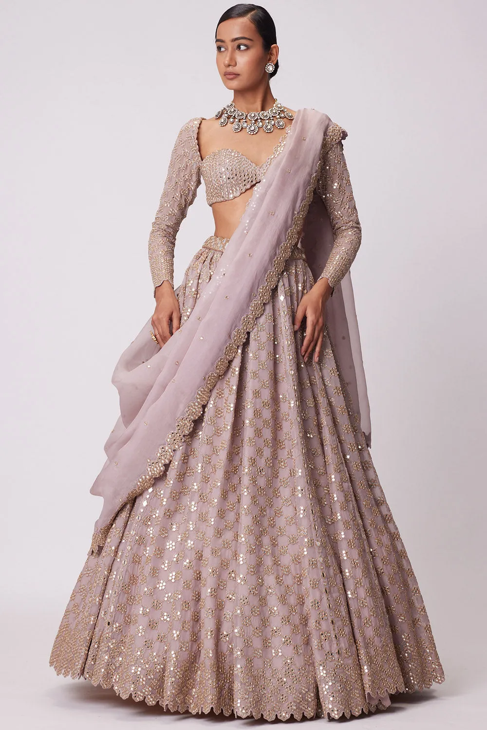 Ash Pink Flower Embroidered Lehenga Set