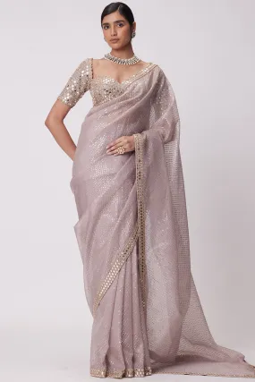 Ash Pink Organza Saree Set