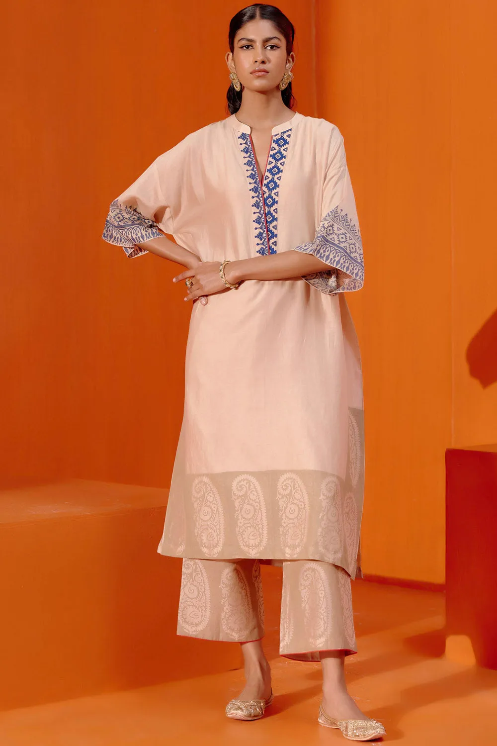 Beige and Blue Embroidered Kaftan Set