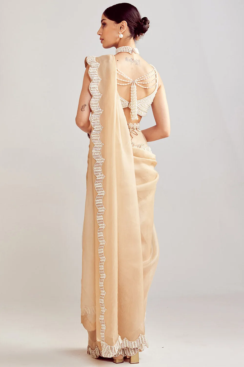 Beige Pearl Embellished Saree