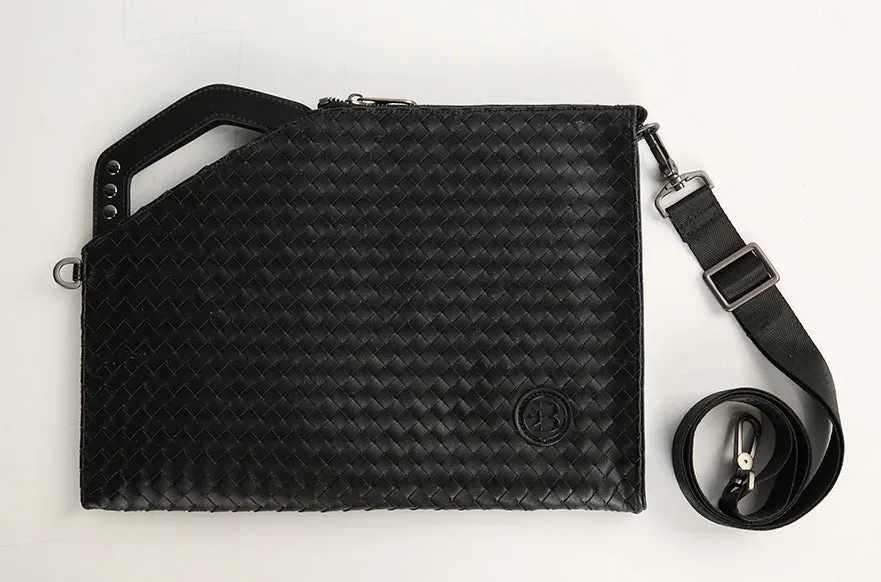 Black Braided Faux Leather Clutches Handbags for mens Business Shoulder Strap Purses Crossbody