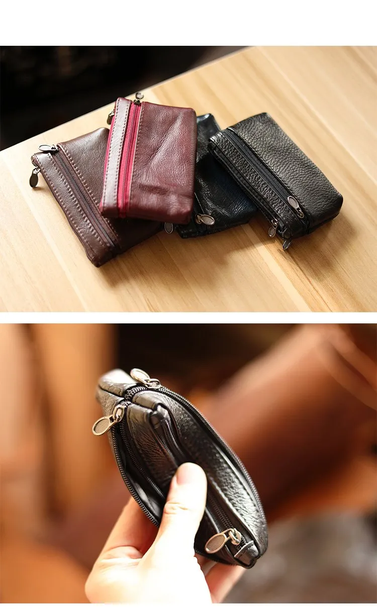 Black Leather Mens billfold Coin Wallet Zipper Small Coin Holder Change Pouch For Men