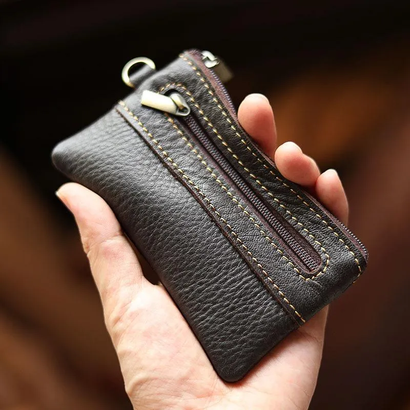 Black Leather Mens billfold Coin Wallet Zipper Small Coin Holder Change Pouch For Men