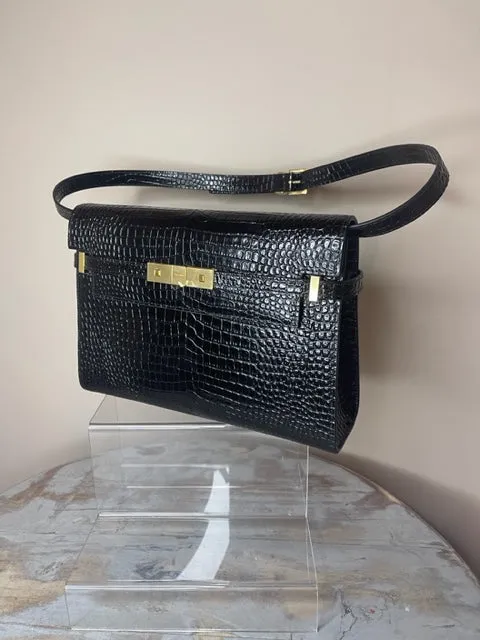 Brand New Saint Laurent Manhattan Medium Croc Embossed Shoulder Bag