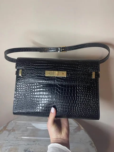 Brand New Saint Laurent Manhattan Medium Croc Embossed Shoulder Bag