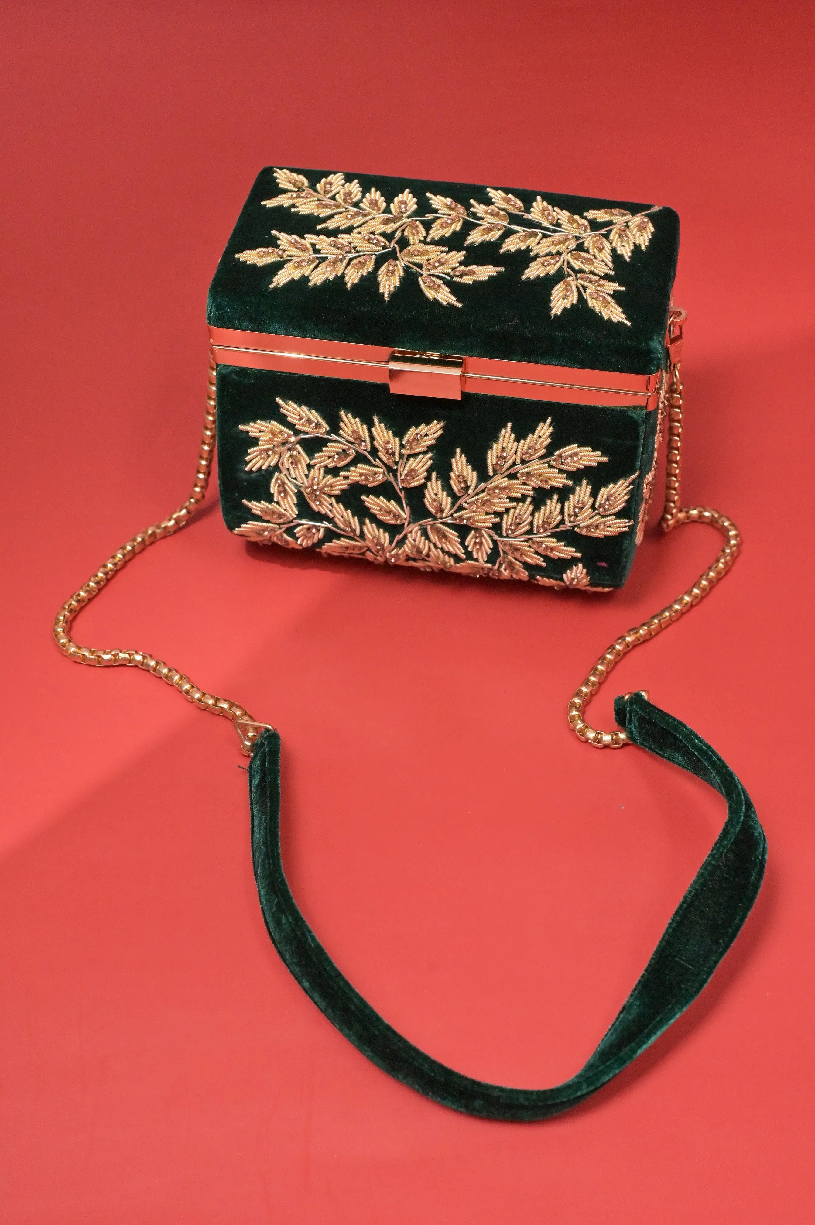 Dark Green Color Velvet Box Clutch Bag with Hand Zardosi Work