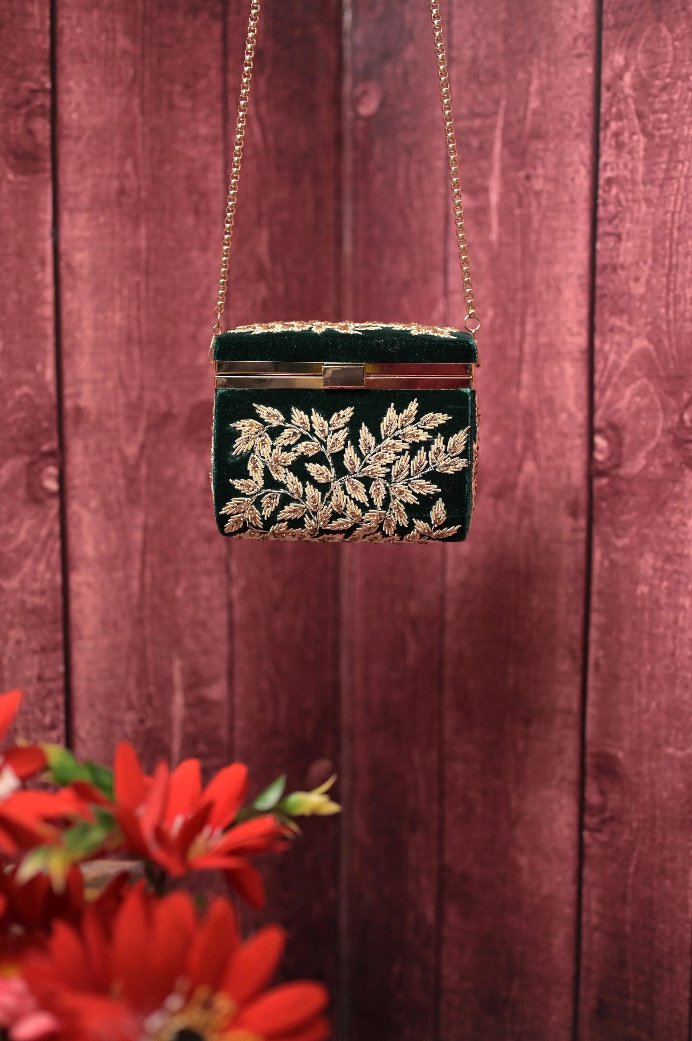 Dark Green Color Velvet Box Clutch Bag with Hand Zardosi Work