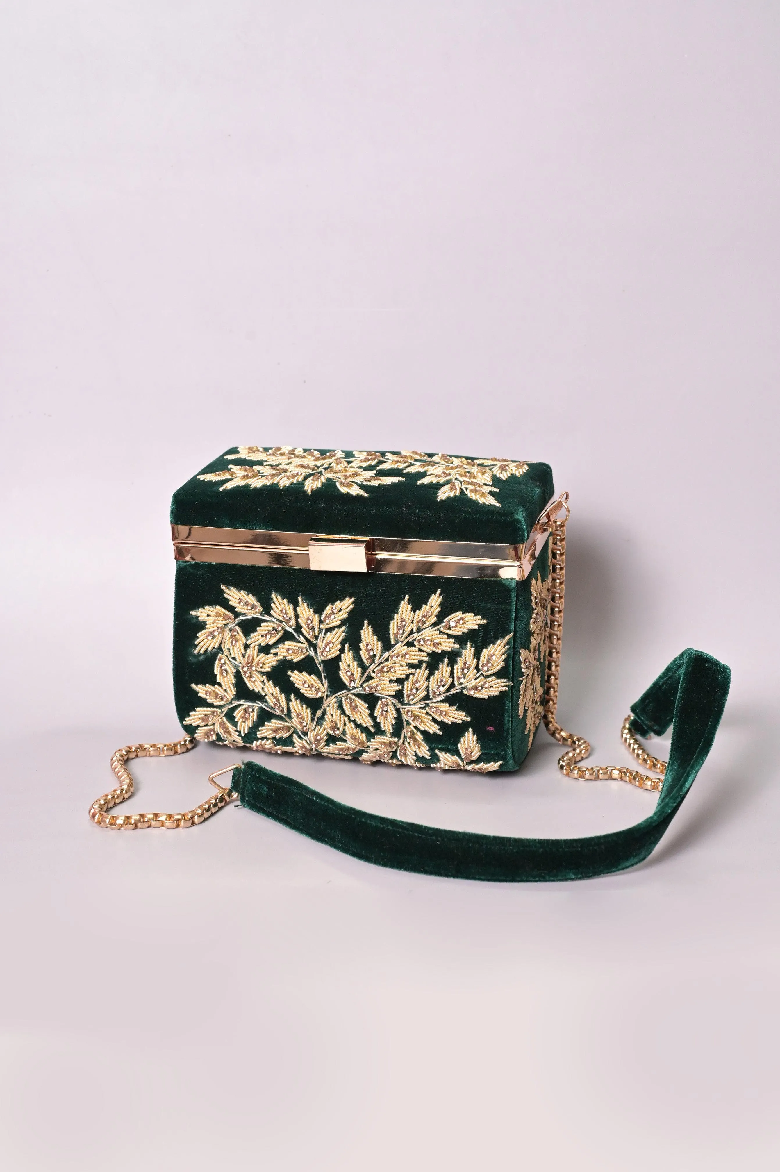 Dark Green Color Velvet Box Clutch Bag with Hand Zardosi Work