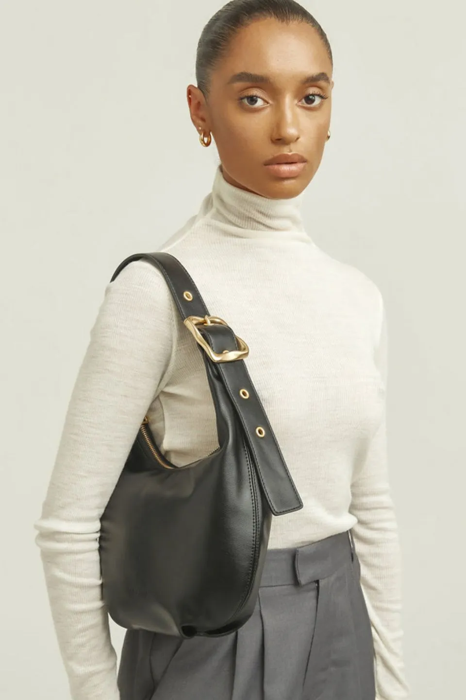 Everyday Croissant Black  Gold Buckle Recycled PU Shoulder Bag