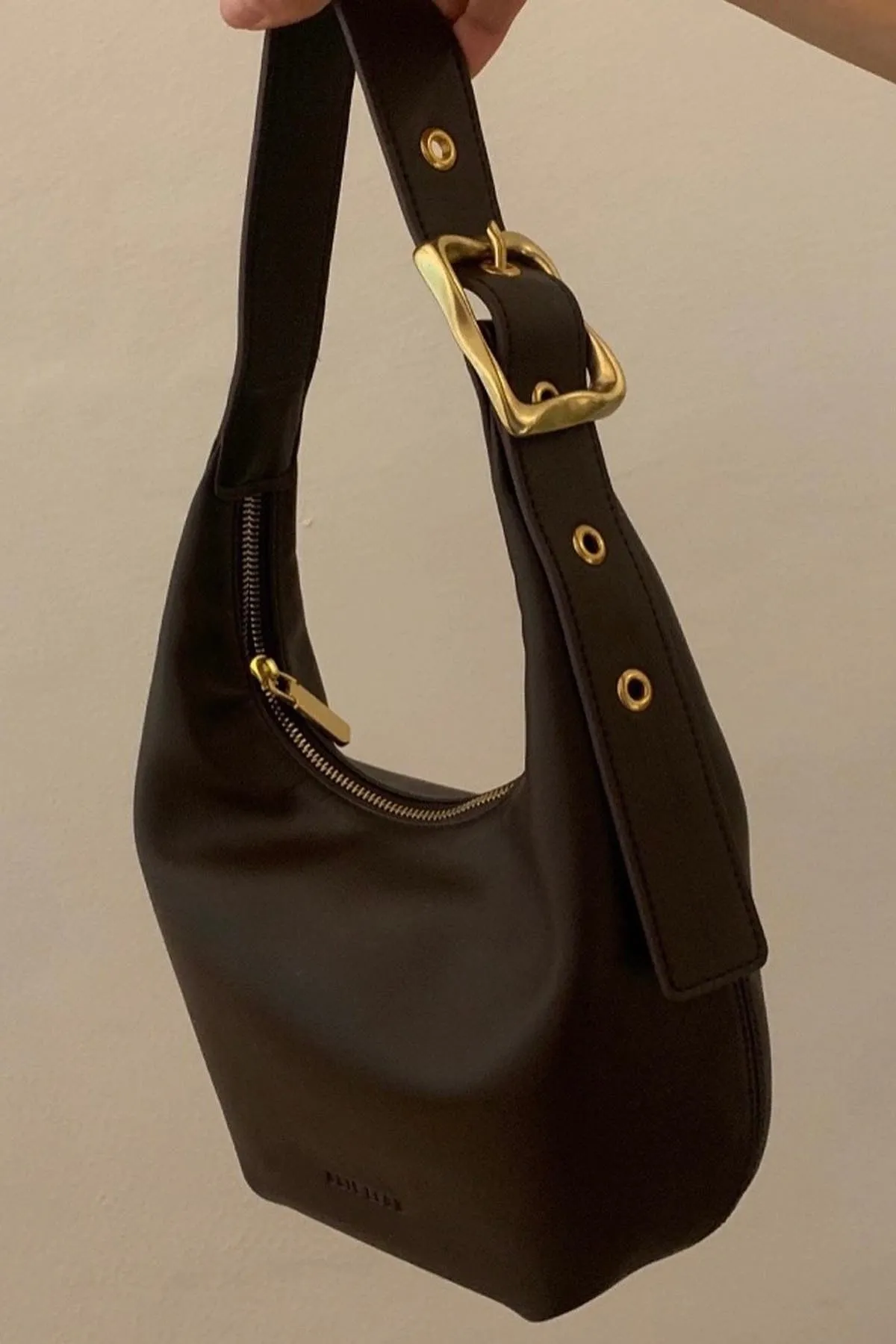 Everyday Croissant Black  Gold Buckle Recycled PU Shoulder Bag