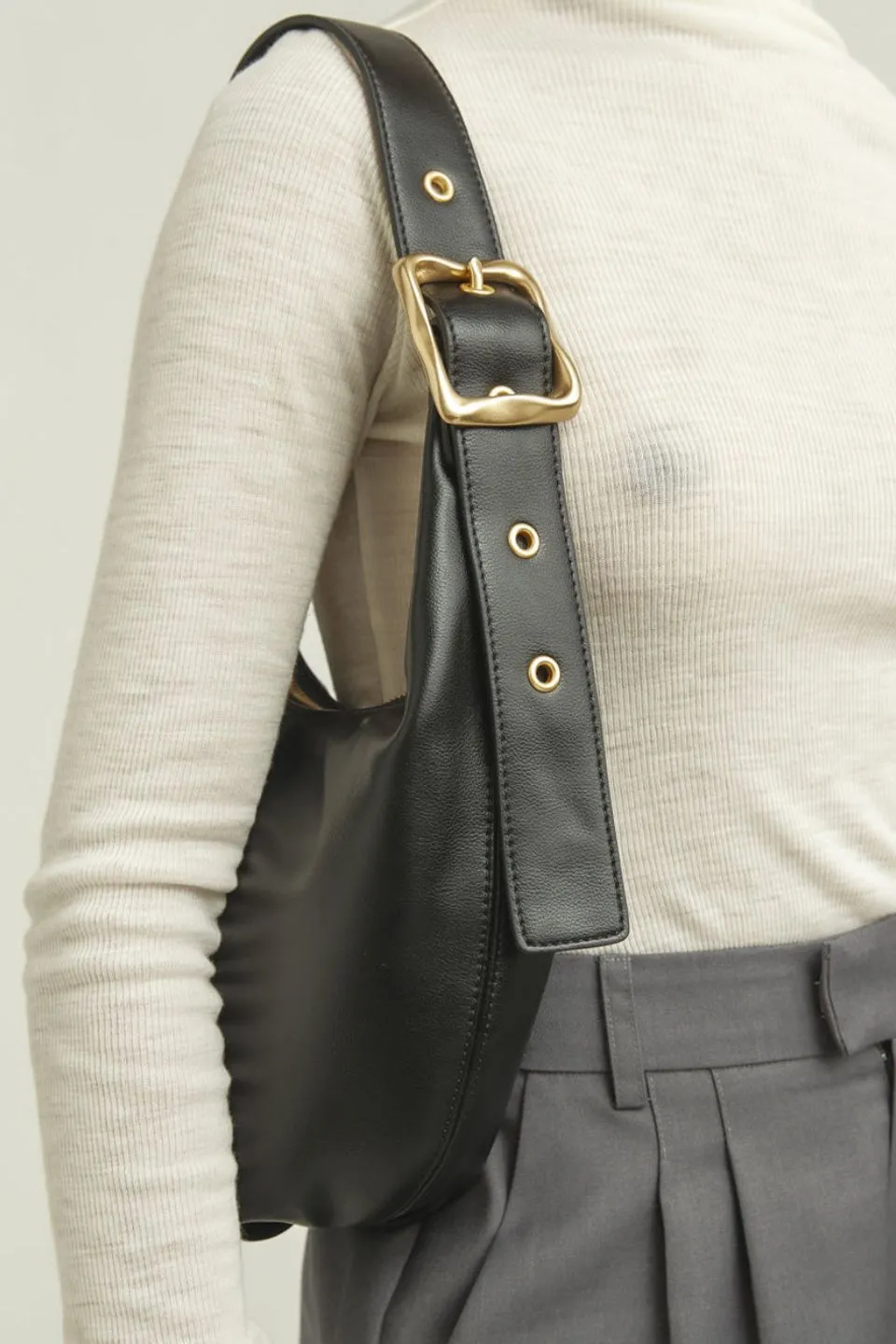 Everyday Croissant Black  Gold Buckle Recycled PU Shoulder Bag