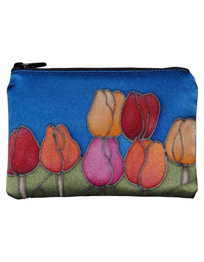 Hand-Painted Silk Change Purse - Tulips Blue