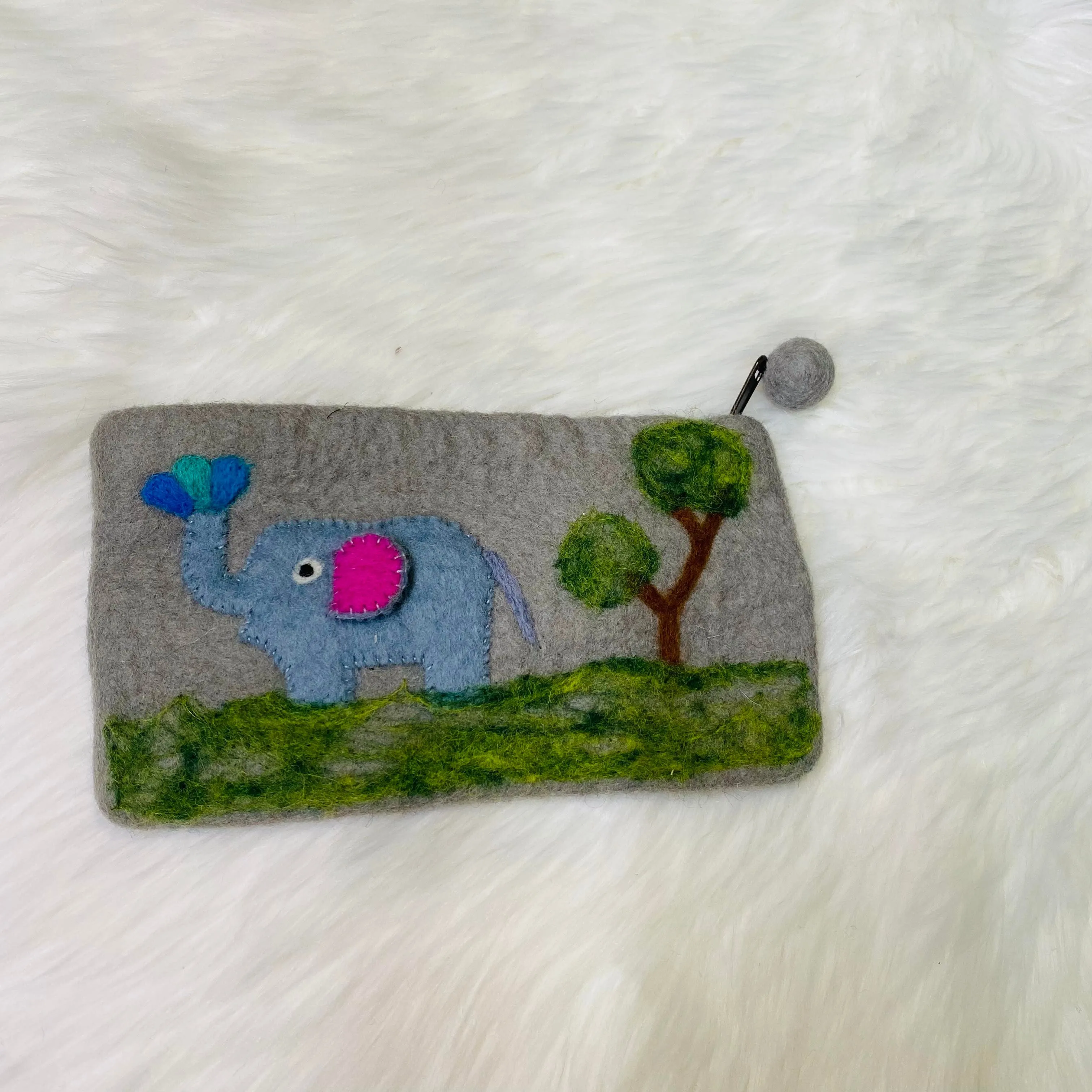 Handmade Elephant Embroidered Felt Purse