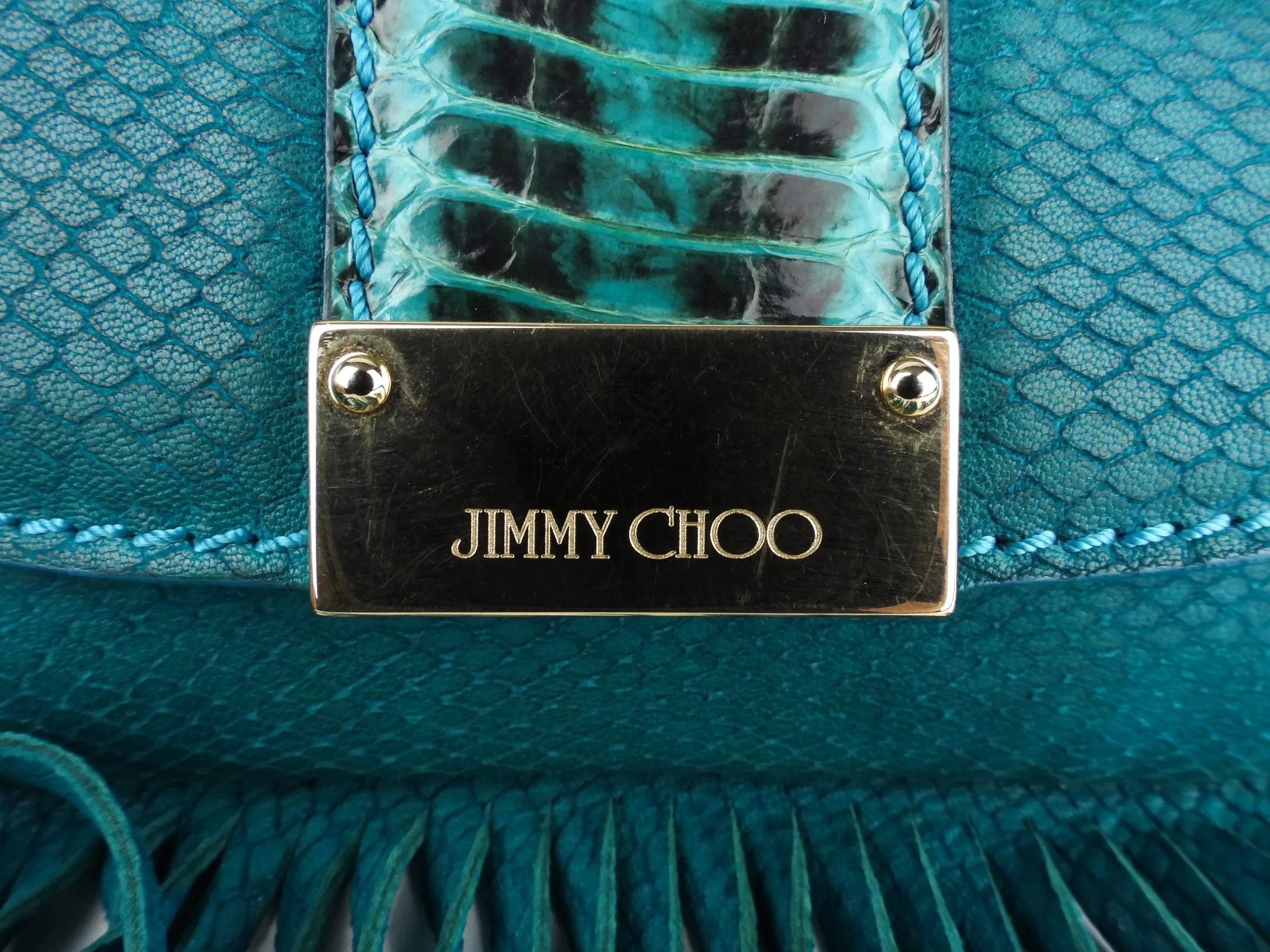 Jimmy Choo Blue Snakeskin Fringe Clutch Bag with Wrist Strap