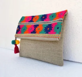 Kilim Moroccan Pattern foldover Clutch in Pure Linen