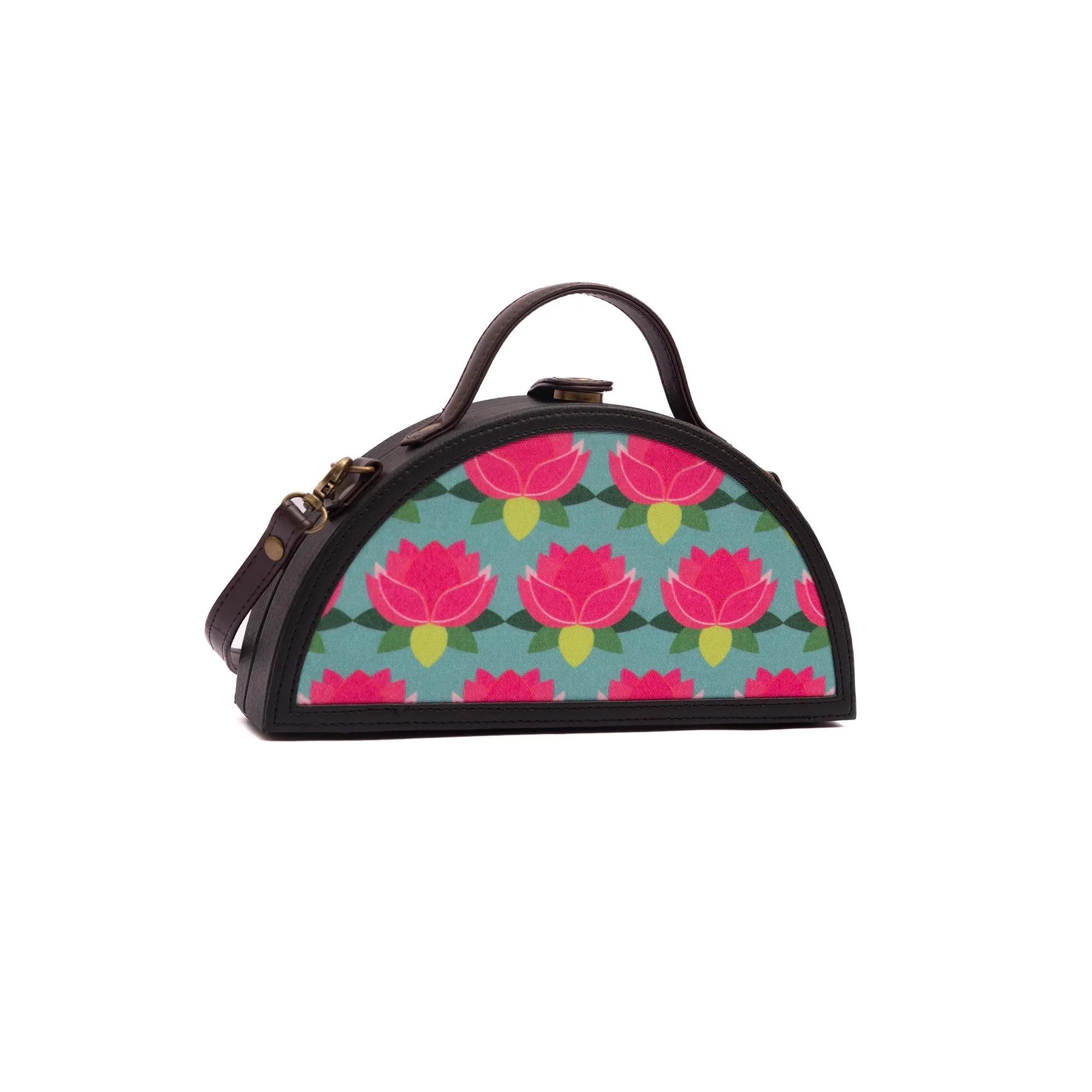 Lotus handcrafted semi circle printed crossbody clutch bag