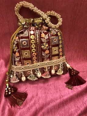 Maroon Red Color Potli Clutch Bag with Embroidery & Mirror Work