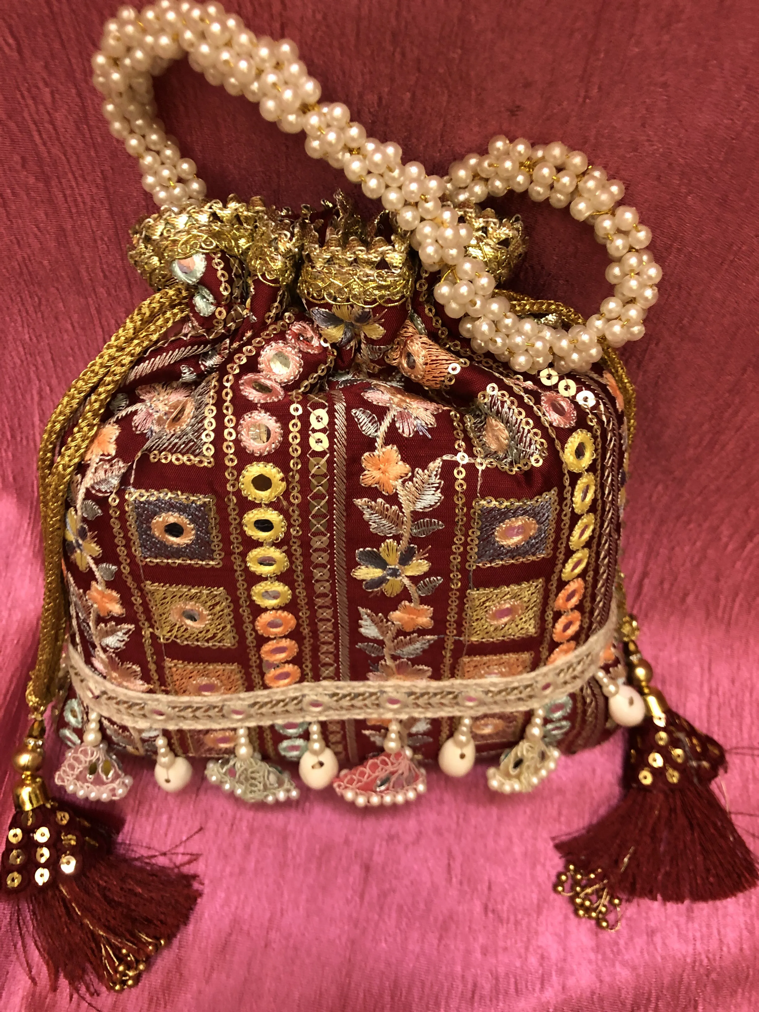 Maroon Red Color Potli Clutch Bag with Embroidery & Mirror Work