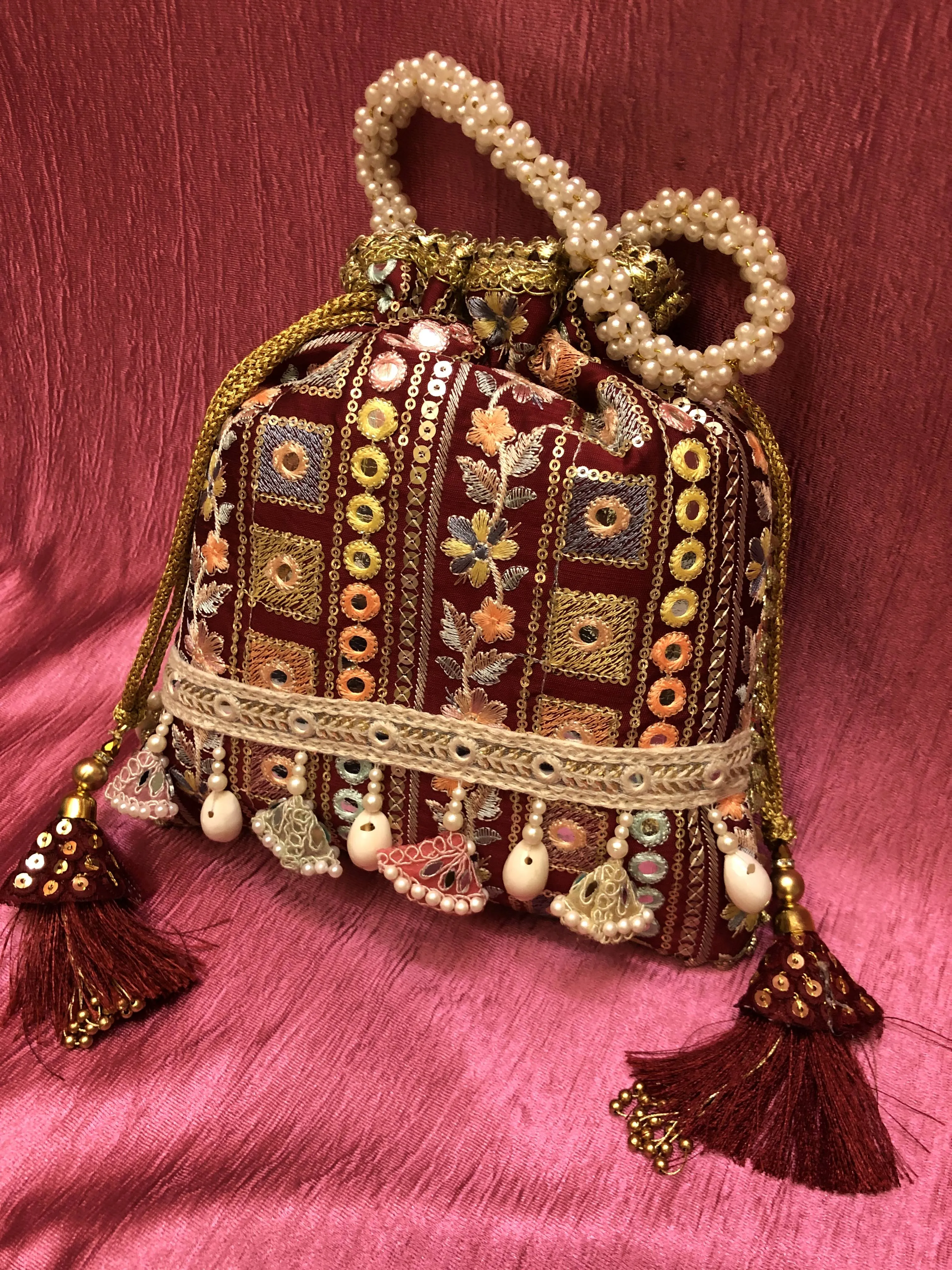 Maroon Red Color Potli Clutch Bag with Embroidery & Mirror Work