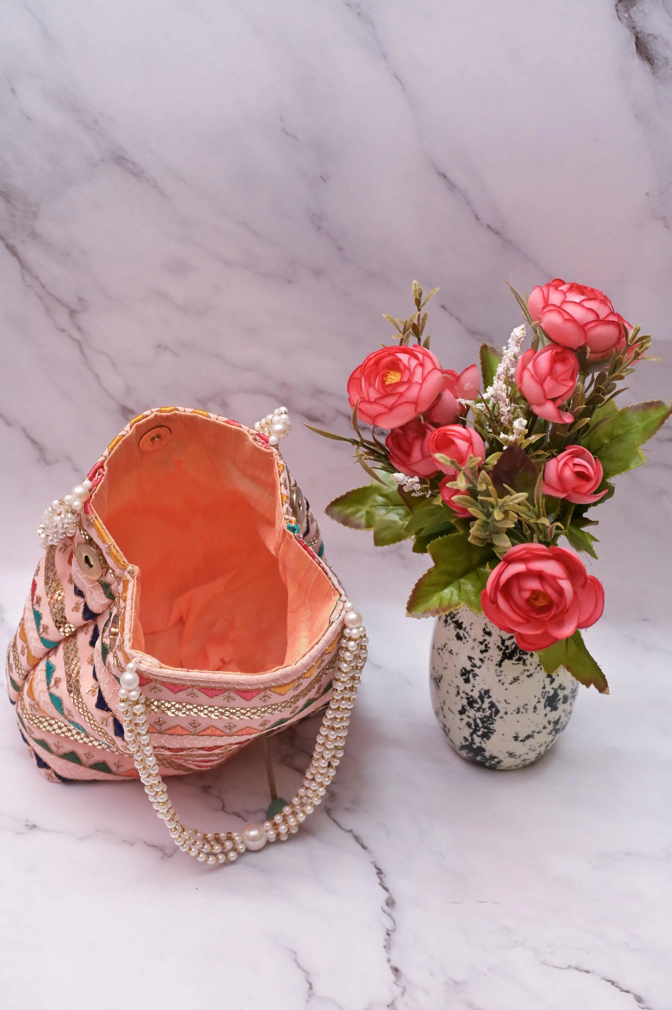 Peach Color Potli Clutch Bag with Embroidery & Pearl Handle