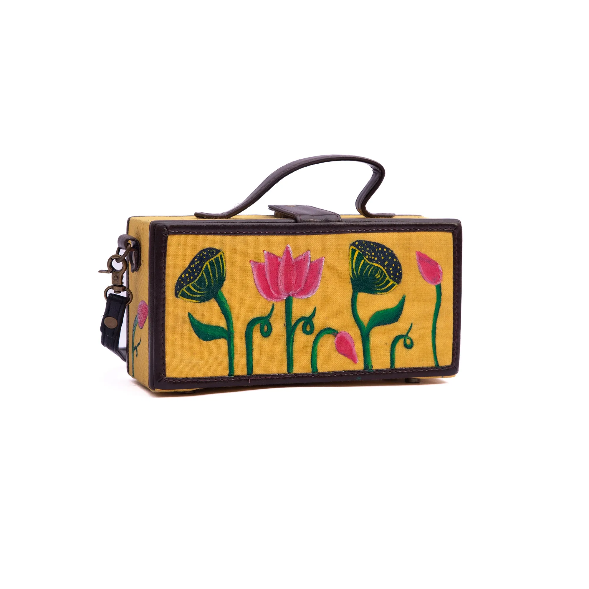 Pichwai yellow hand painted crossbody clutch bag for women