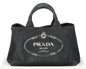 Prada Black Small Cotton Canvas Logo Tote