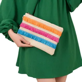 Raffia Fringe Accented Flap Clutch Bag