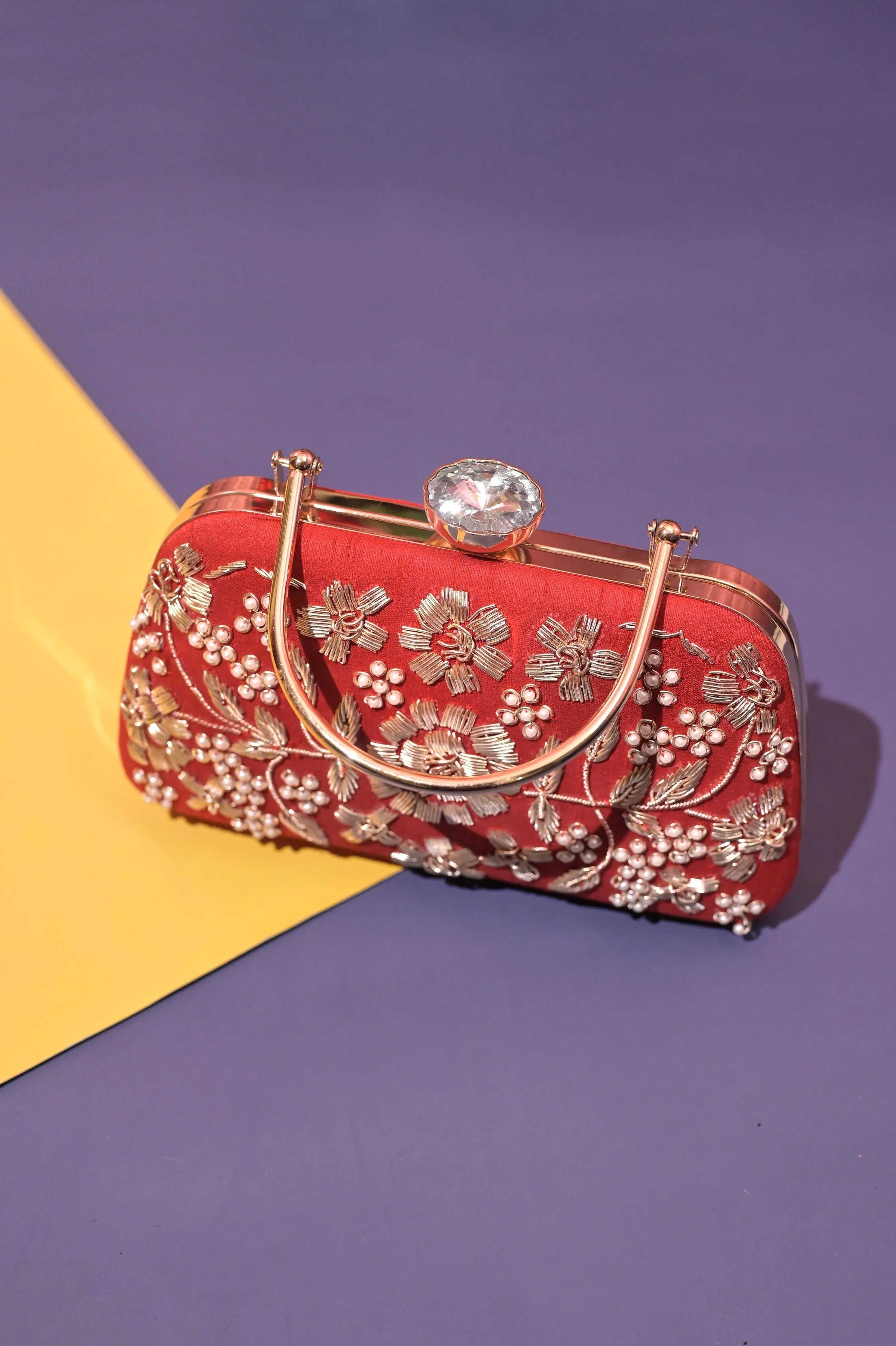 Red Color Designer Clutch with Zari Embroidery and Metal Handle