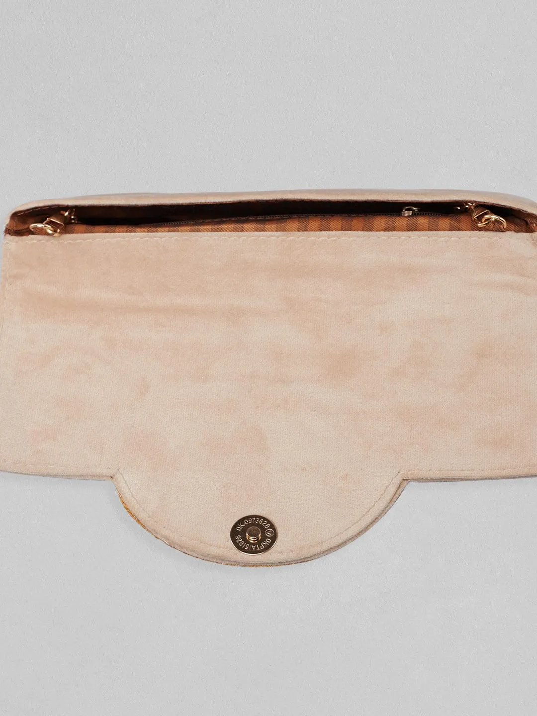 Rubans Beige Colour Clutch Bag With Design Of Studded Stones And Pearls.