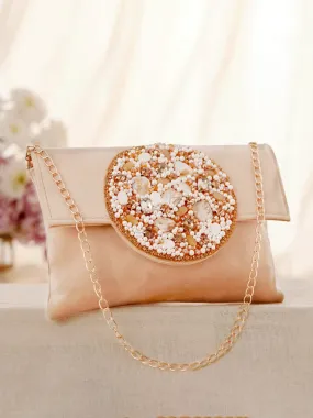 Rubans Beige Colour Clutch Bag With Design Of Studded Stones And Pearls.