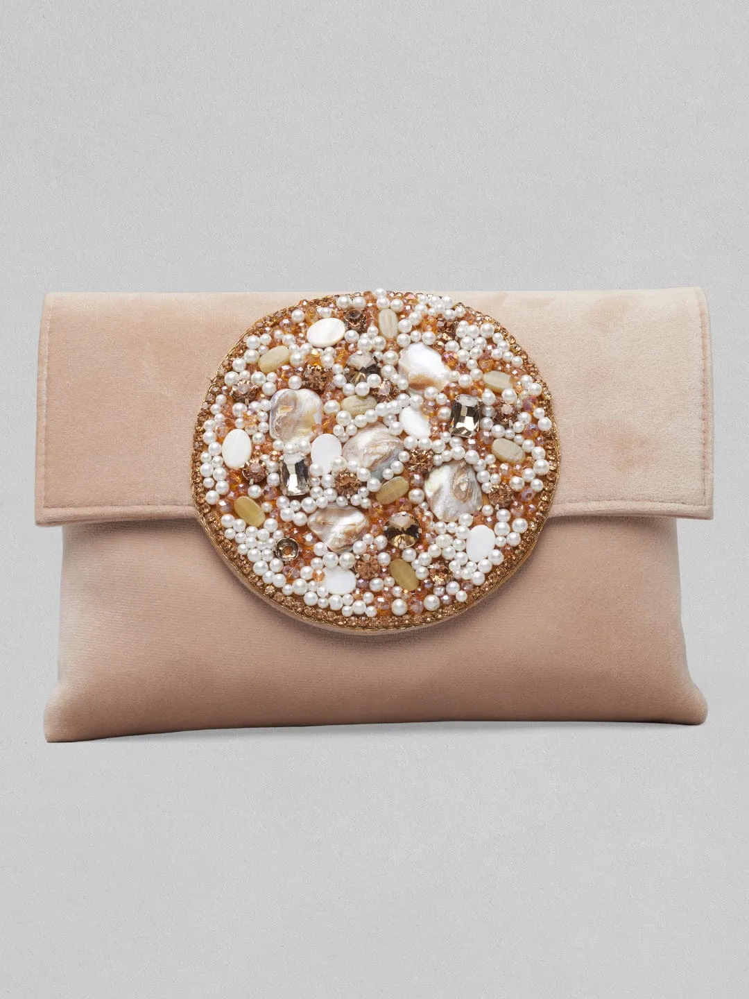 Rubans Beige Colour Clutch Bag With Design Of Studded Stones And Pearls.