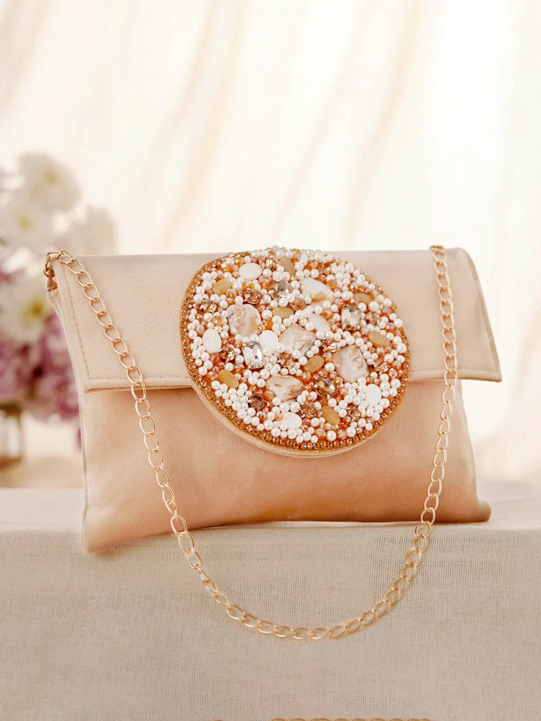 Rubans Beige Colour Clutch Bag With Design Of Studded Stones And Pearls.