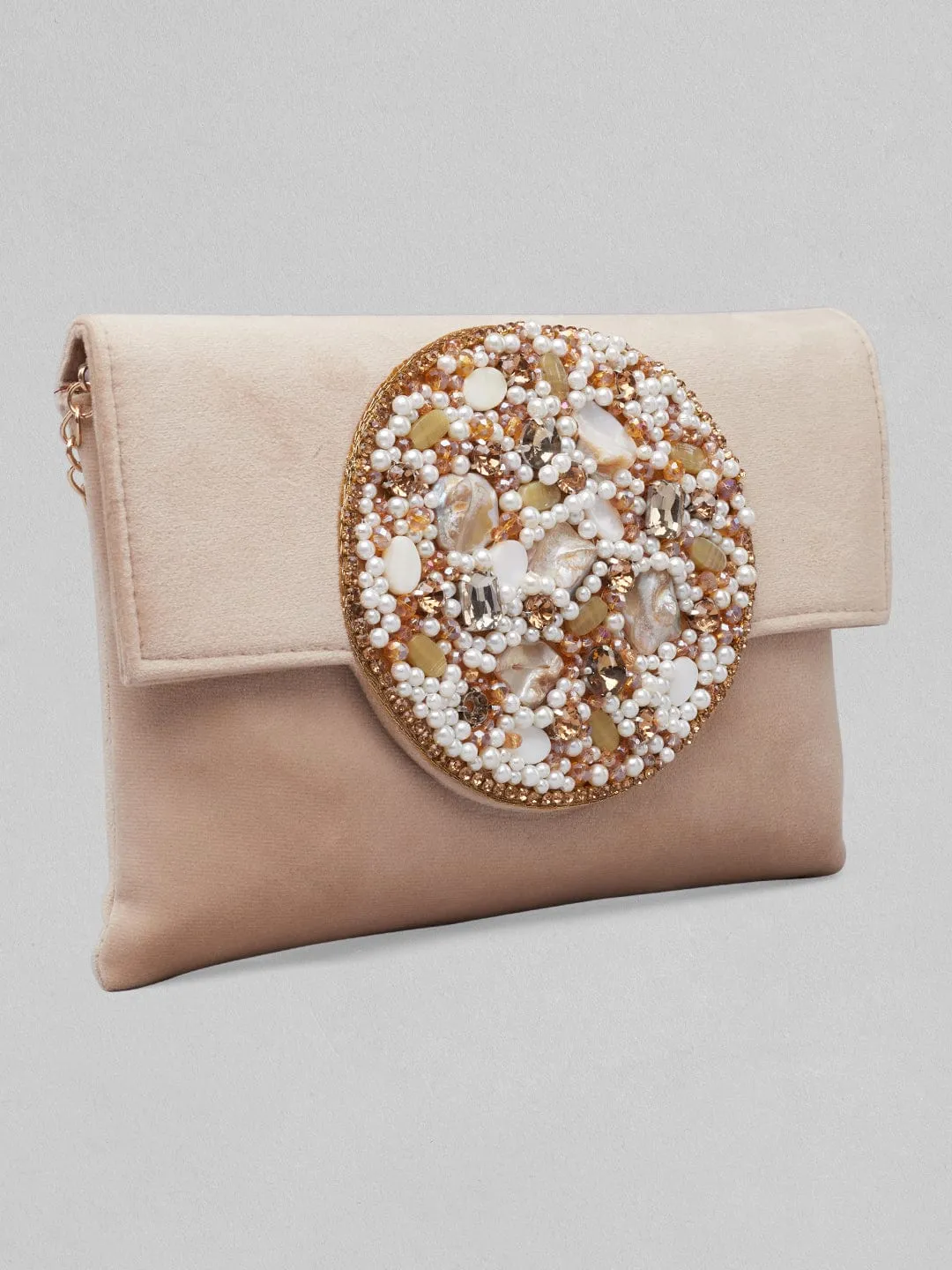 Rubans Beige Colour Clutch Bag With Design Of Studded Stones And Pearls.