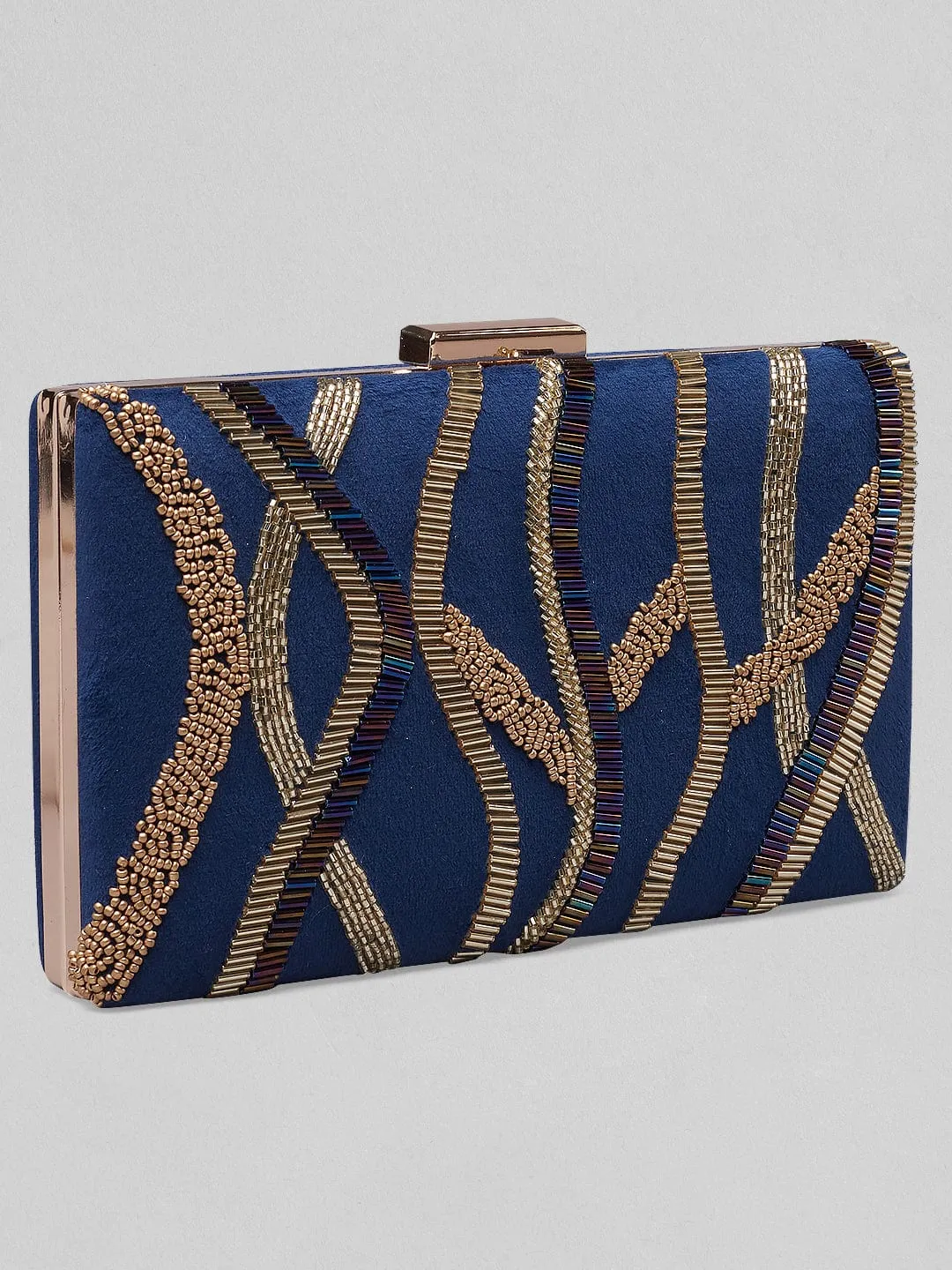 Rubans Blue Colour Box Clutch With Embroided Gold Design.