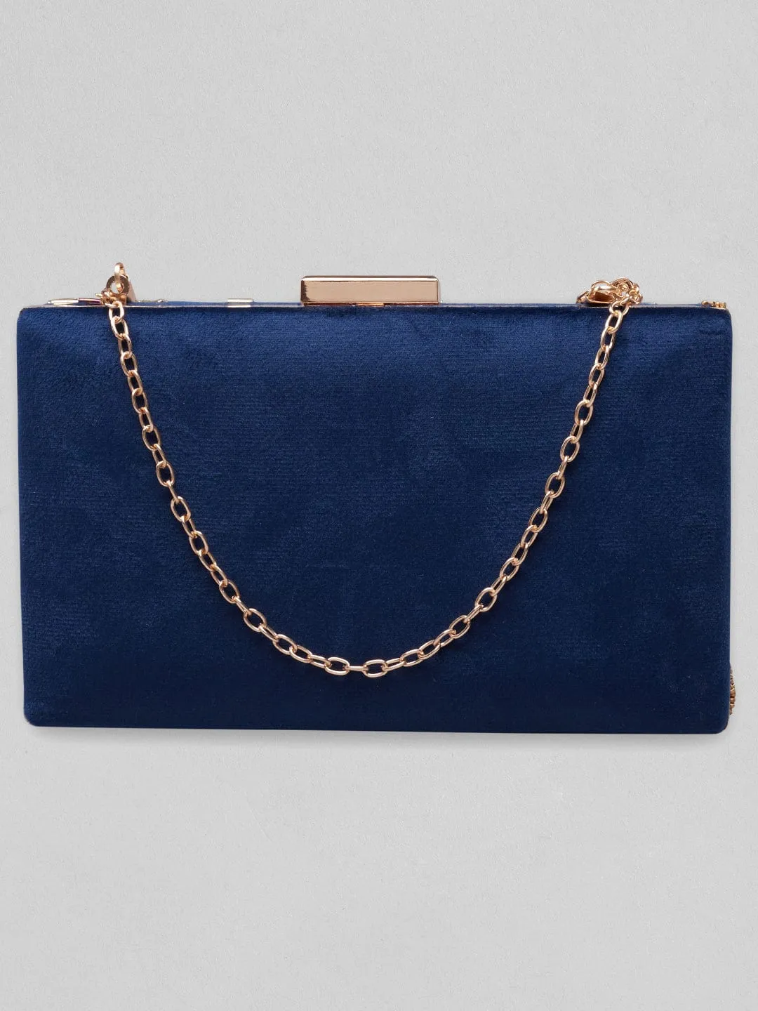 Rubans Blue Colour Box Clutch With Embroided Gold Design.