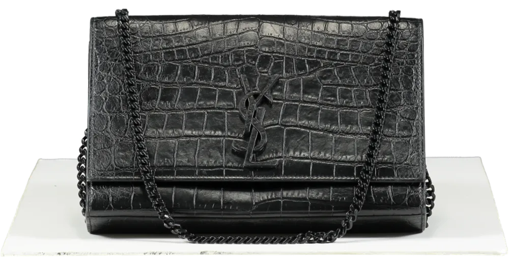 Saint Laurent Black Crocodile-embossed Leather Logo Crossbody / Shoulder Bag