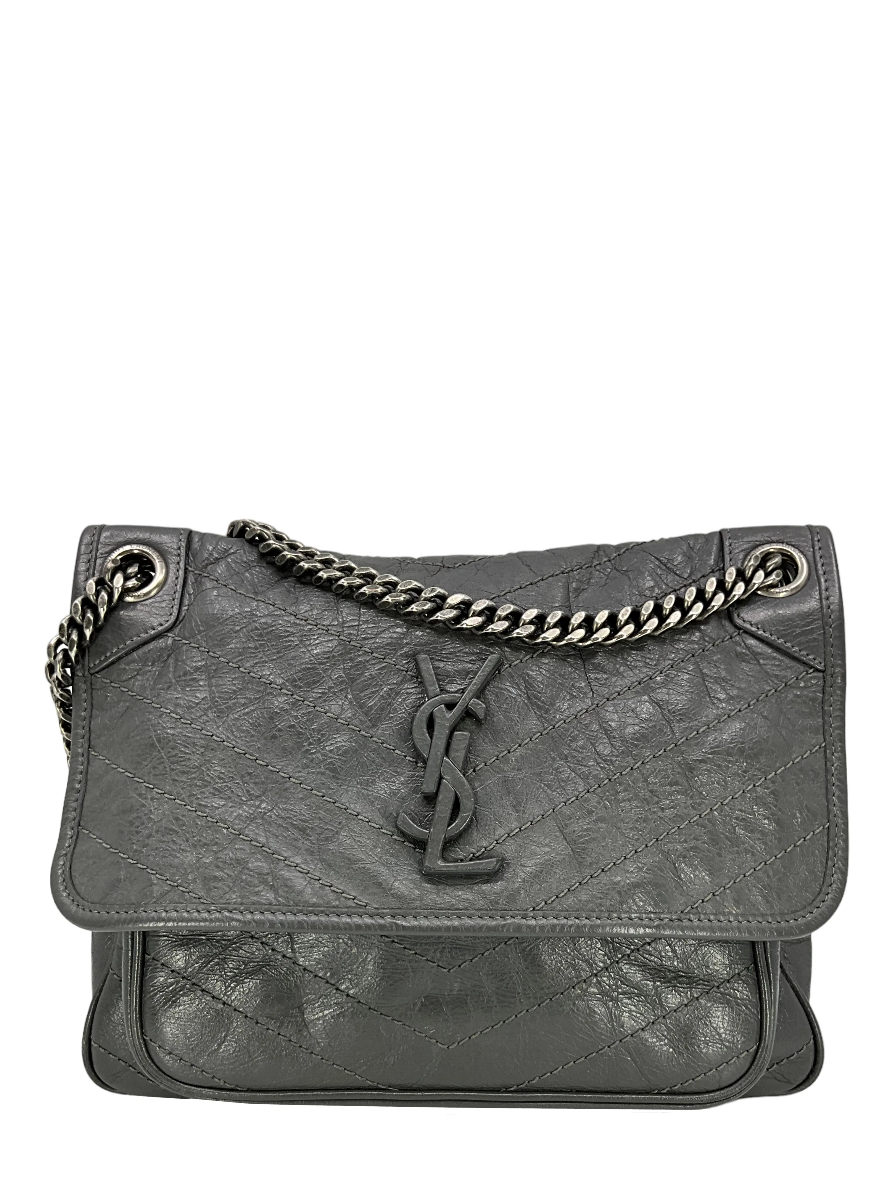 SAINT LAURENT Crinkled Calfskin Monogram Niki Medium Chain Bag