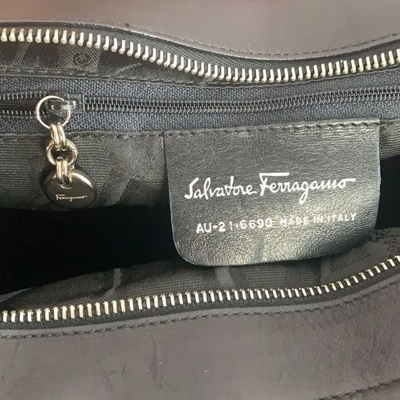 Salvatore Ferragamo black pleated with logo chain strap bag