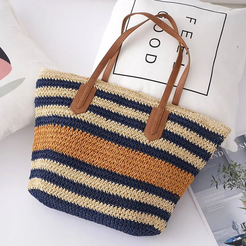 Striped Shoulder Straw Bag Casual Handmade Beach Vacation Bag