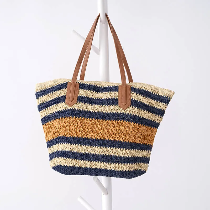 Striped Shoulder Straw Bag Casual Handmade Beach Vacation Bag