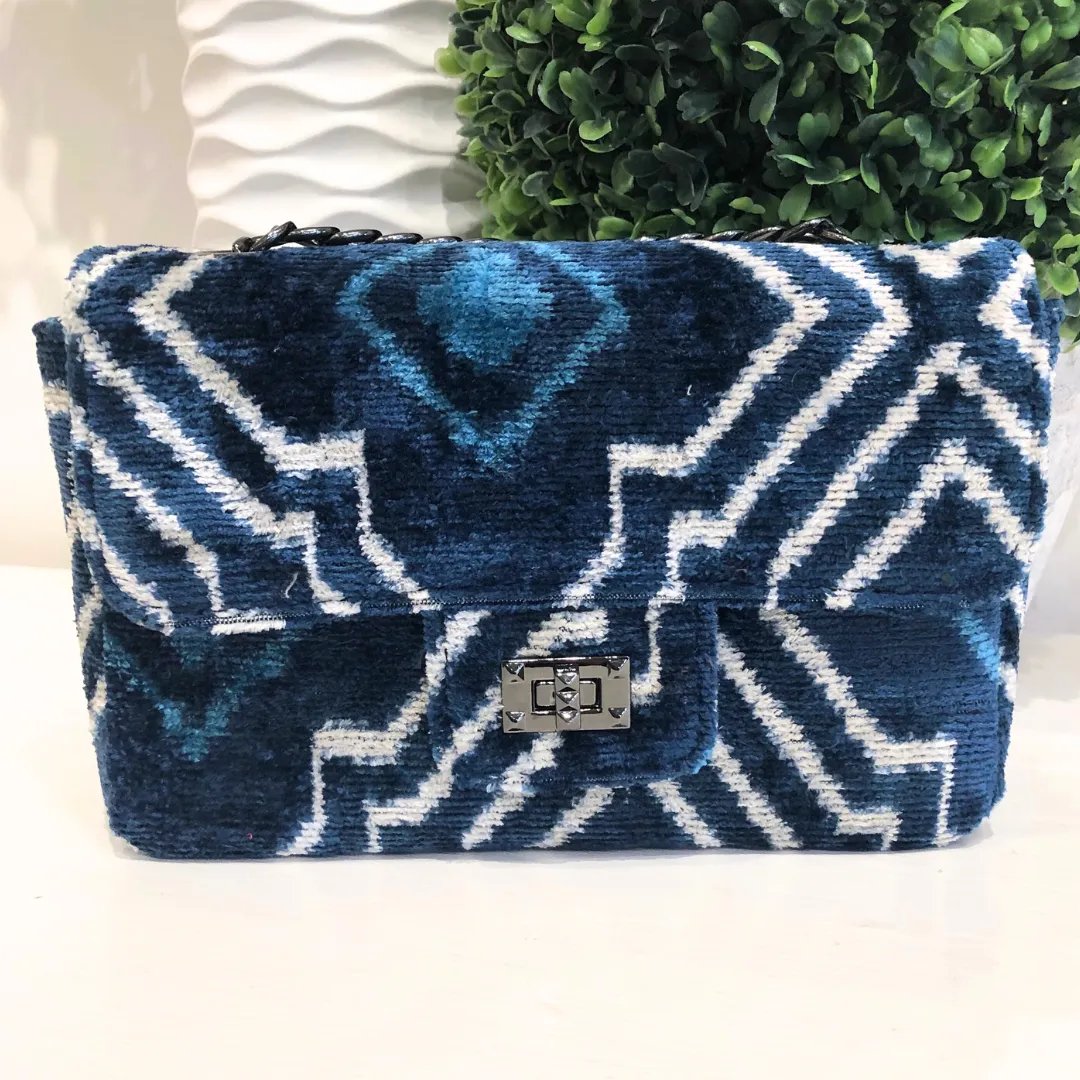 Teramasu One of a Kind Handmade Dark Blue And White Geometric Silk Tapestry Purse