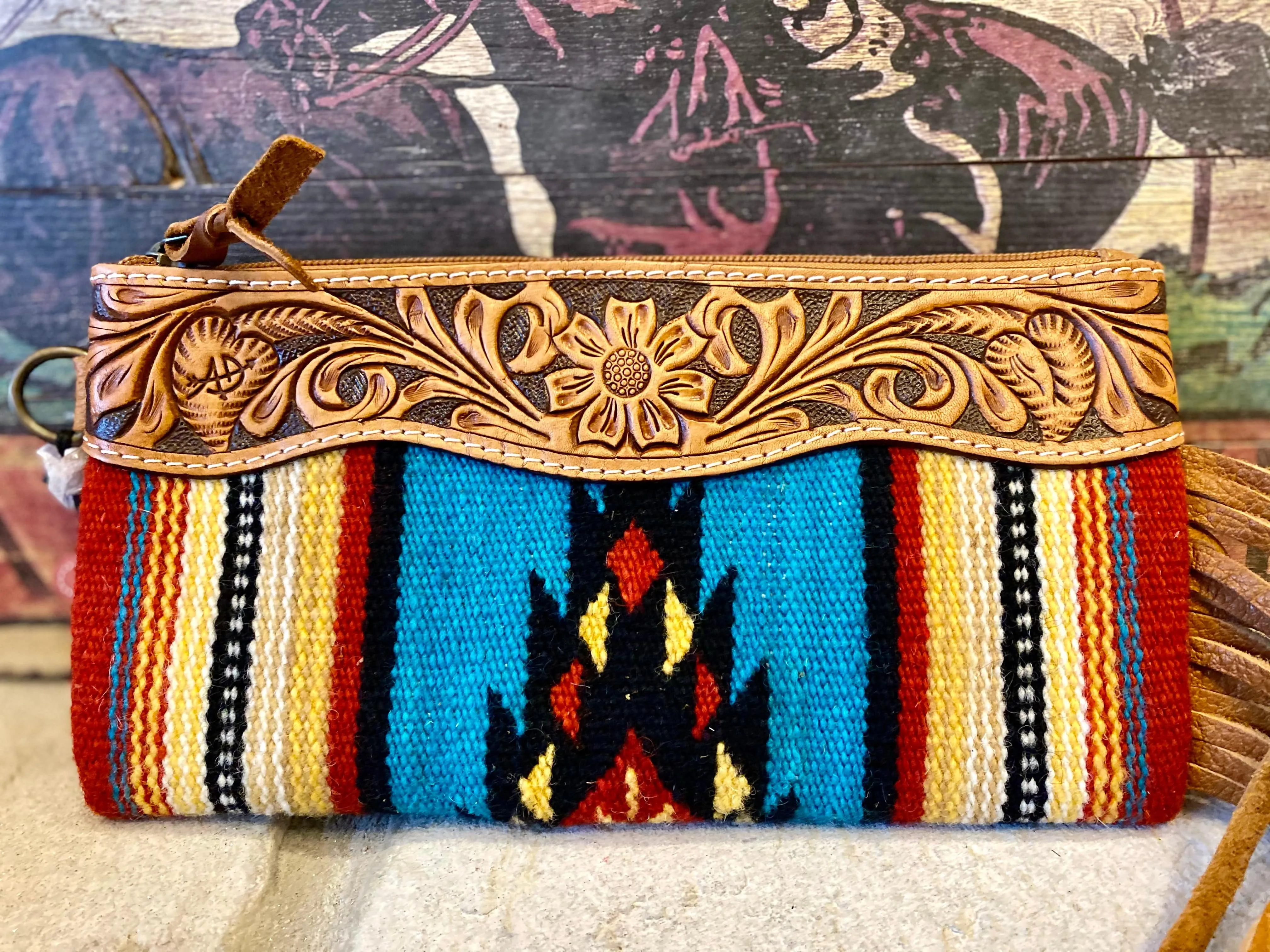 The Cowboss Mustard Navajo Wool & Leather Cowhide Fringe Clutch