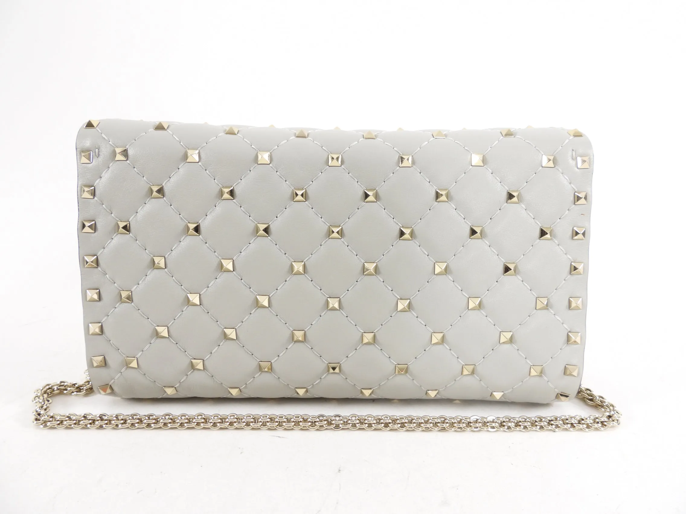 Valentino Light Grey Rock Stud Spike Clutch with Chain